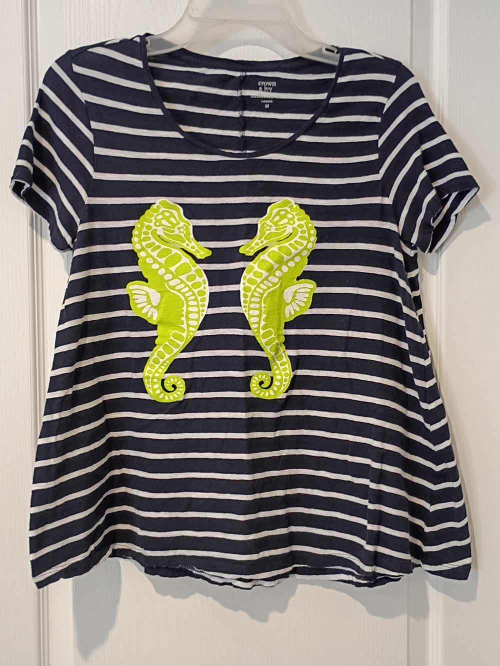 Crown & Ivy - Navy Striped Tee with Lime Seahorse Appliqués - Medium